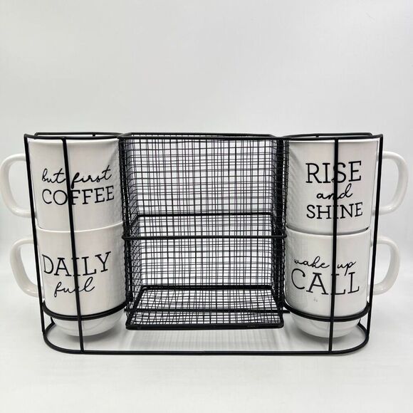 Boston Warehouse Coffee Mug & Black Wire Pod Holder 5 Piece Set 4 Stacking Mugs - Picture 6 of 16